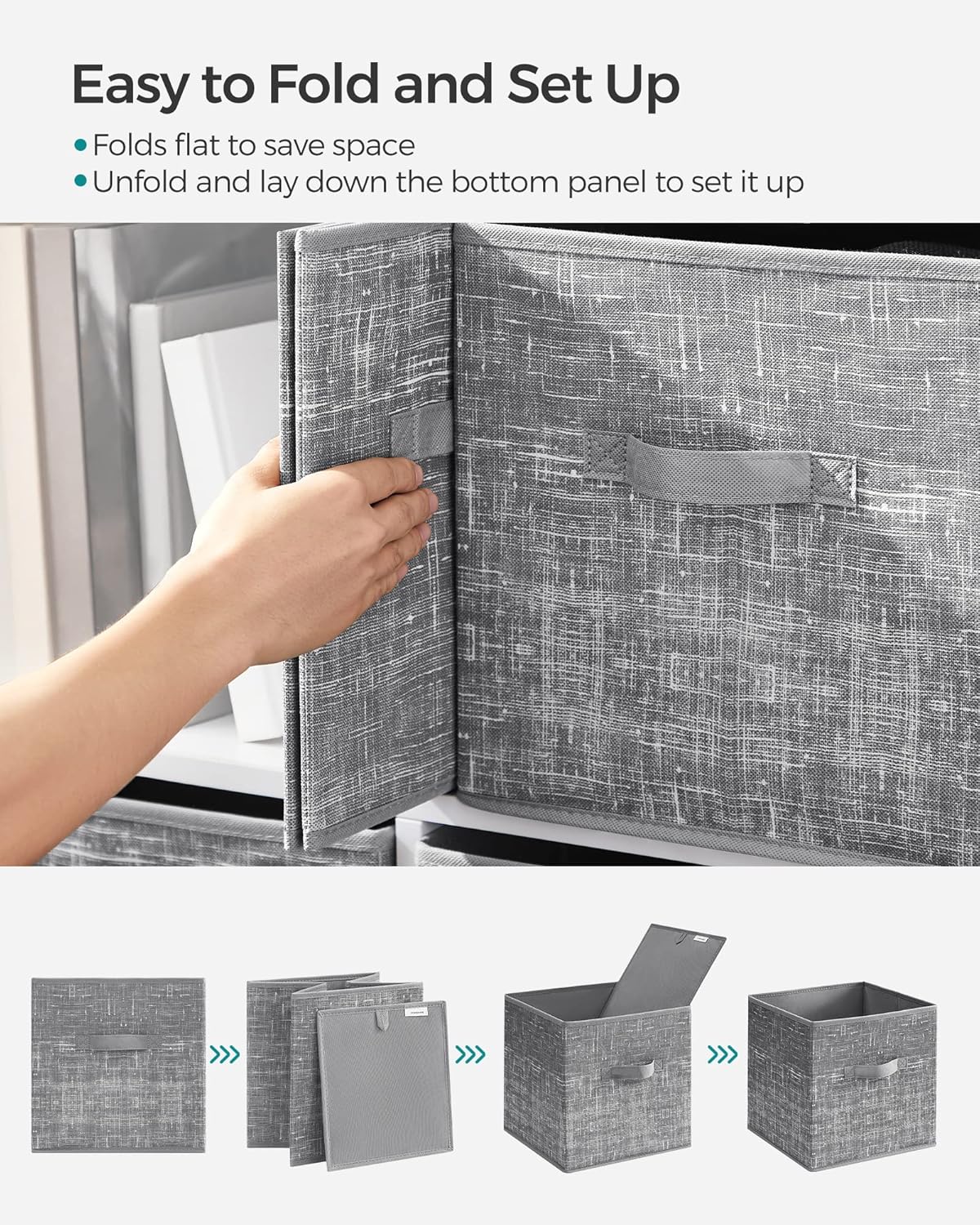 SONGMICS Storage Cubes - 11.8-Inch Non-Woven Fabric Bins with Double Handles - Set of 6 in Cattail Gray for Closet Organization