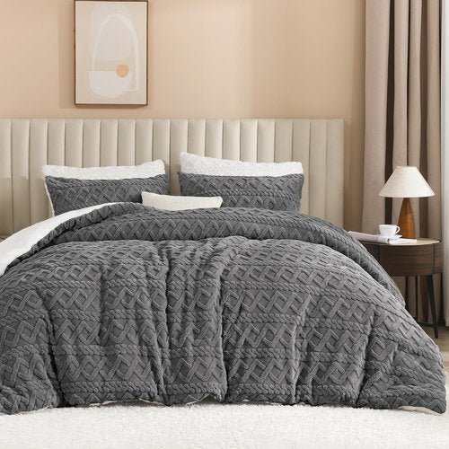 Andency Fluffy Sherpa Queen Comforter Set - Super Soft Gray Fleece Bedding for Winter | 3-Piece Luxury Boho Design
