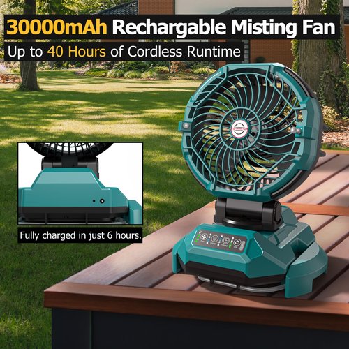 Portable Misting Fan for Outdoors Patios - 30000mAh Rechargeable Battery Powered Camping Fan, 4 Spray Mister with Timer, Fits 10-13" Bucket, 4 Speed, 90° Auto Oscillation for Garden Sports Travel Golf