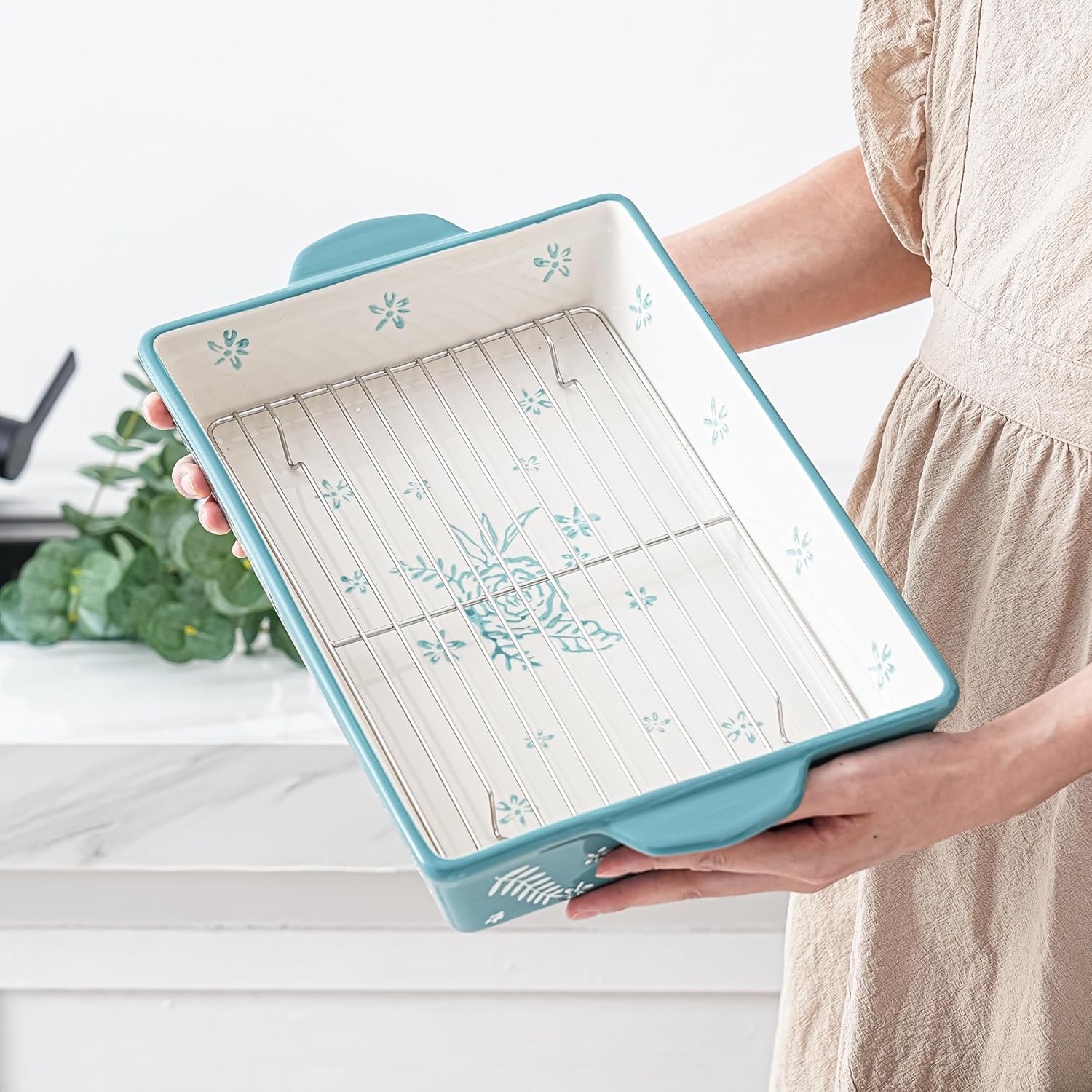 Wisenvoy Casserole Dish - Versatile Ceramic Baking Dish with Roasting Rack | Ideal for Lasagna and More