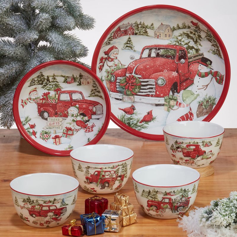 Red Truck Snowman Set of 4 Ceramic Dinner Plates – Add classic holiday charm to your table with these beautifully detailed plates featuring vintage red trucks and cheerful snowmen 10.25"