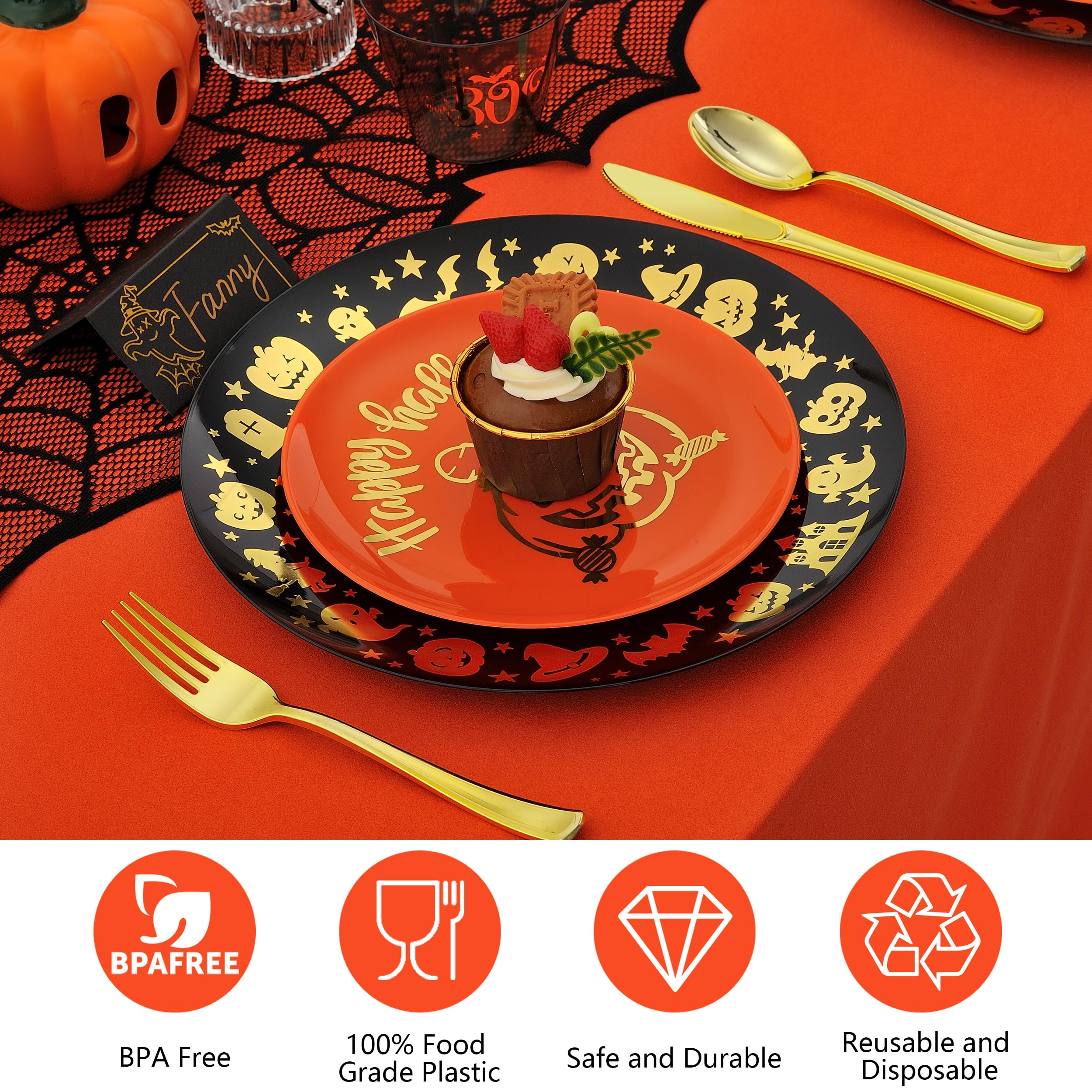 ISFANGCO 175Pcs Halloween Plastic Spoof Dinnerware Set for 25 Guests, 25 Black Plastic Dinner Plates, 25 Pumpkin Orange Dessert Plates, 25 Gold Boo Black Cups, 25 Gold Silverware Set and Cards
