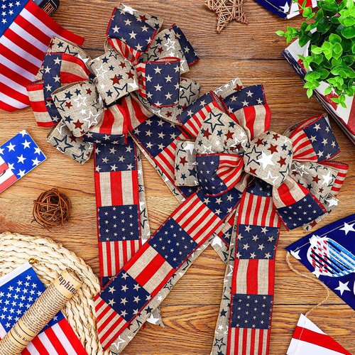 Jutom Patriotic Bow Wreath - Red, White & Blue Star Burlap Bow for 4th of July & Veterans Day Decor