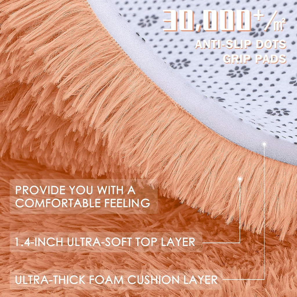 OLANLY Round Area Rug - Soft & Fluffy Muted Orange Shaggy Carpet, 8 ft Circle for Bedroom & Living Room