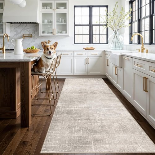 **Regine Switzerland Washable Runner Rug - Stain Resistant Abstract Design | 4x10 Beige/Cream for Kitchen & Entryway**