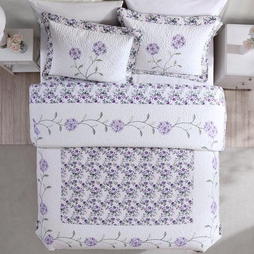Beatrice Home Fashions Carnation Floral Embroidered Quilted Bedspread, Lightweight, All-Seasons, Standard Sham, Lavender