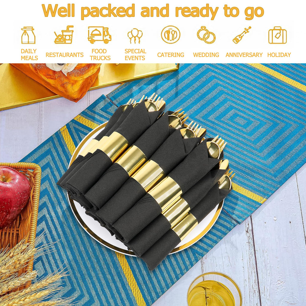 Dlebay 100 Pack Pre Rolled Gold Plastic Silverware Set,Wrapped Plastic Cutlery Set with Napkin Include 100 Forks,100 Spoons,100 Knives and 100 Black Napkins for Party, Wedding,Christmas