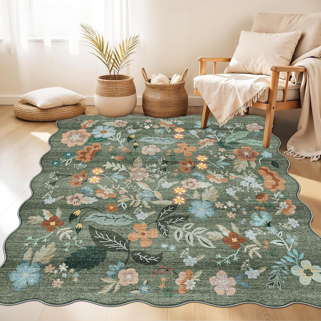 Regine Switzerland Floral Square Area Rug - Washable 5x5 Soft Water-Resistant Carpet | Non-Slip Backing for Living Room & Bedroom Decor