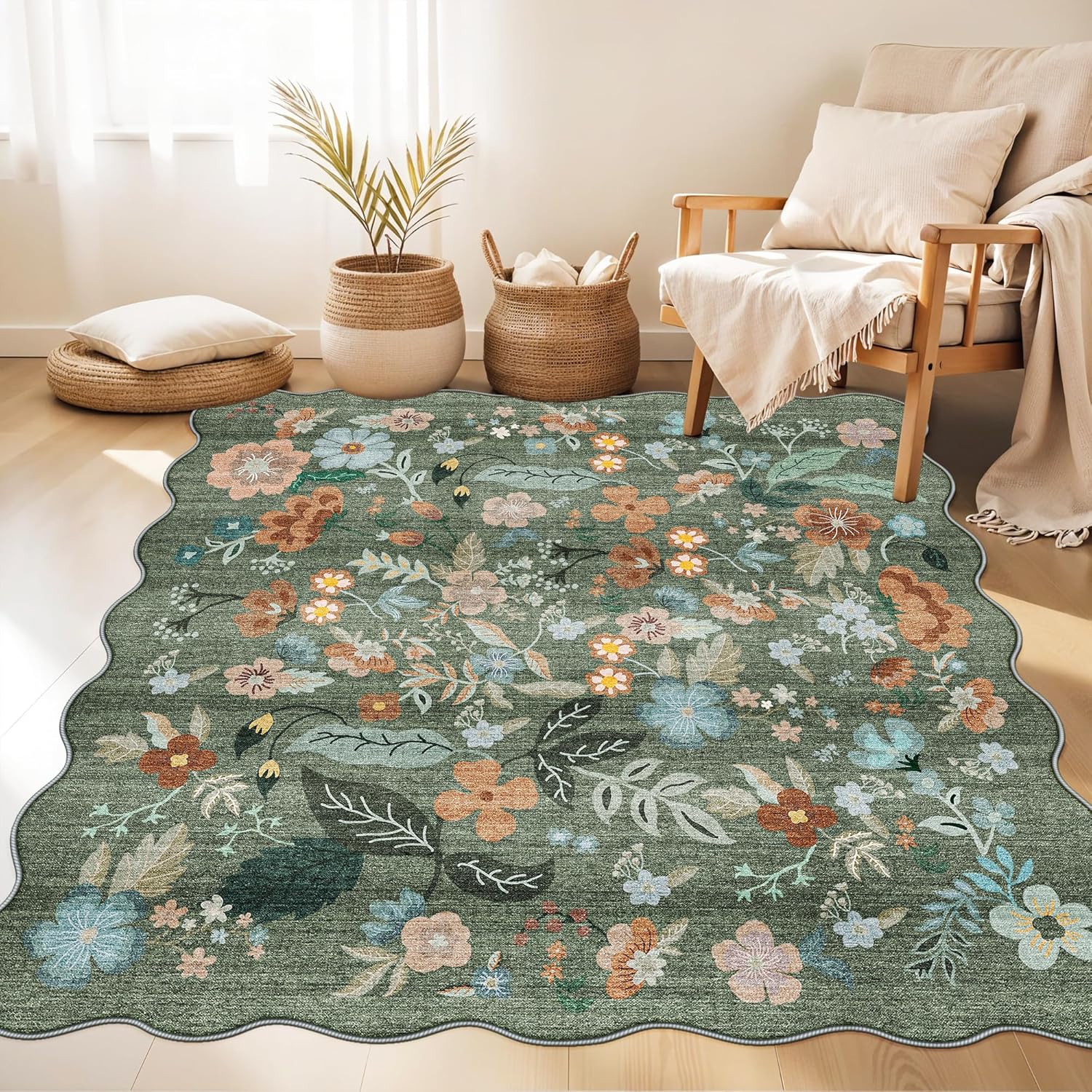 Regine Switzerland Floral Square Area Rug - Washable 5x5 Soft Water-Resistant Carpet | Non-Slip Backing for Living Room & Bedroom Decor