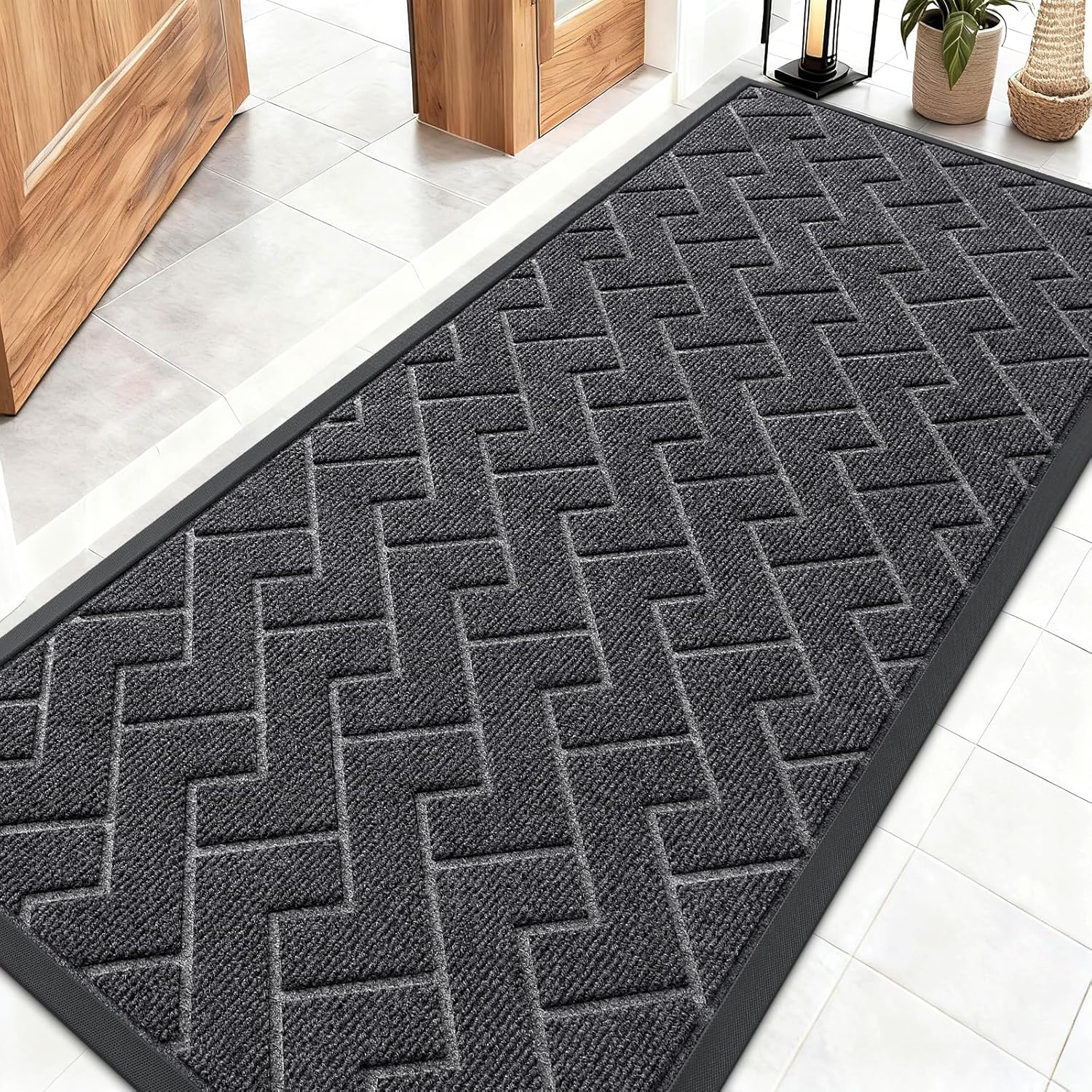 OLANLY Indoor Outdoor Front Door Mat - Waterproof All-Season Herringbone Design | Easy Clean, Grey 59x23