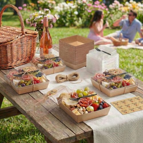 Leafiew 50 Pack Small Individual Charcuterie Boxes with Clear Lids and Forks - To Go Paper Mini Charcuterie Box, Disposable Food Containers, 5Inch Dessert Boxes for Cookie, Cake Slice, Strawberries