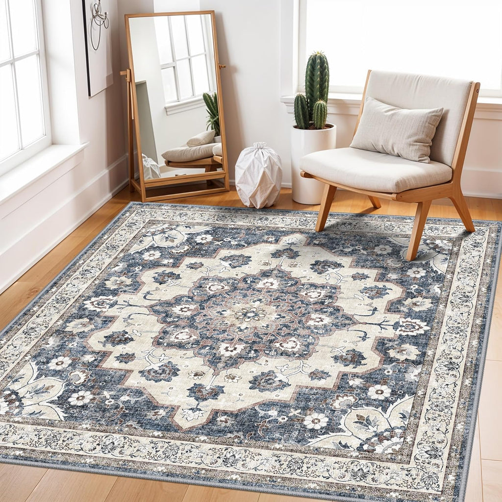 Regine Switzerland Washable 4x4 Square Area Rug - Ultra Thin Non-Slip Soft Carpet for Living Room | Stain Resistant Blue Mat