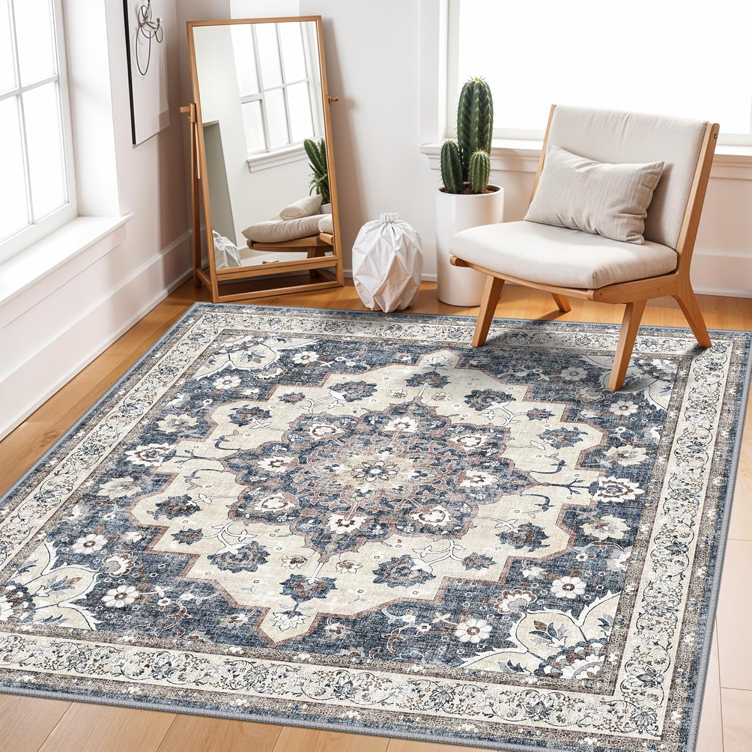 Regine Switzerland Washable 4x4 Square Area Rug - Ultra Thin Non-Slip Soft Carpet for Living Room | Stain Resistant Blue Mat