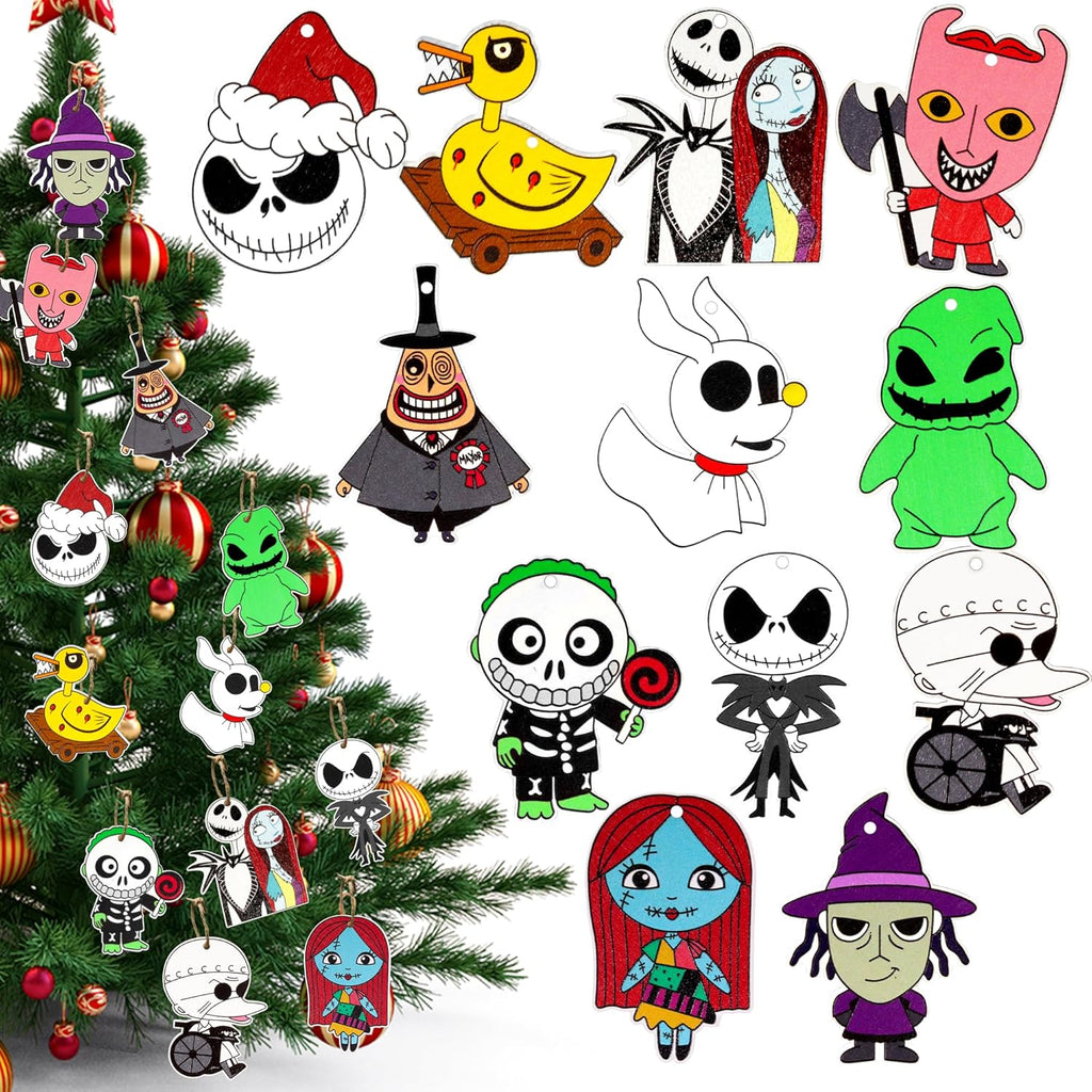 Skiennix 36 PCS Halloween & Christmas Nightmare Ornaments - Wooden Hanging Decorations for Indoor Party Decor