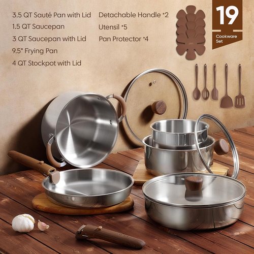 CAROTE 19-Piece Stainless Steel Cookware Set - Induction-Ready Pots & Pans with Detachable Handle, Oven Safe, Woodgrain Finish