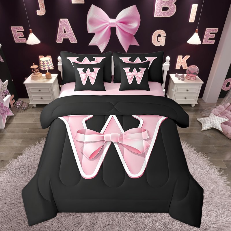 jejeloiu Kawaii Pink Bow Queen Comforter Set with Sheets,Gifts for Women Teen Girl,Monogrammed 7 Piece Bedding Set,Soft Personalized Initial Letter W Bed in a Bag with Comforter,Sheets,Pillowcases
