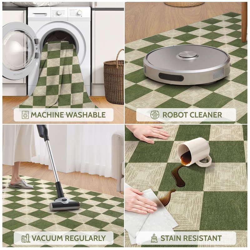 Kiginara Washable Green Checkered Rug 5x7, Non-Slip Low Pile Area Rug for Living Room, Bedroom, Nursery, Modern Neutral Farmhouse Checkerboard Carpet, Pet & Kid Friendly