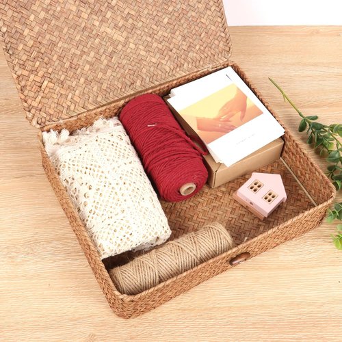 Moosky Flat Wicker Shelf Baskets - Handwoven Seagrass Storage Bins with Lid | Set of 2, Coffee Color