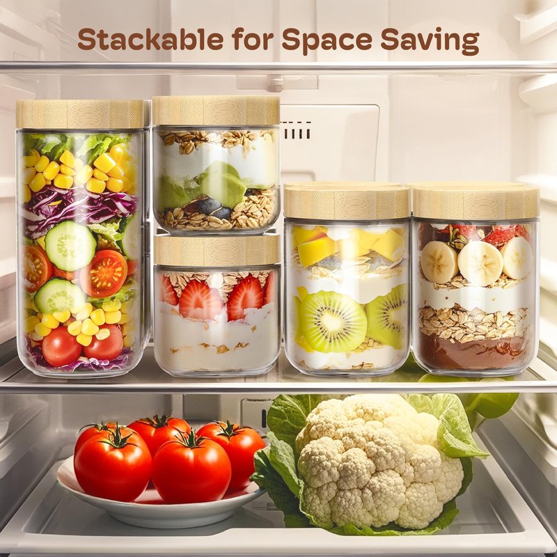 2 Pack 16oz Overnight Oats Containers with Bamboo Lids, Glass Jars with Airtight Lids for Meal Prep, Wide Mouth Mason Salad Jars, Glass Food Storage Container for Yogurt Chia Snacks Spice Sugar