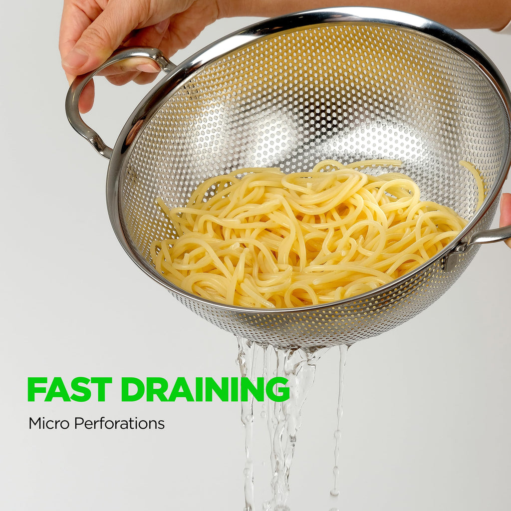 COMPORT K Premium 18/8 304 Stainless Steel Set of 3 – Micro-Perforated Strainers with Handles, Self-Draining Base for Pasta Vegetables Fruit, Heavy Duty (4, 6, 8 Qt) Made in Korea