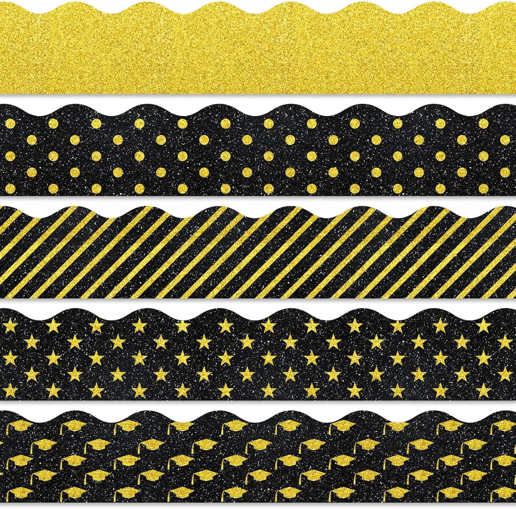Whaline Graduation Bulletin Board Borders - Glitter Black & Gold Cap & Star Design | 69Ft Trim for Classroom & Party Decor