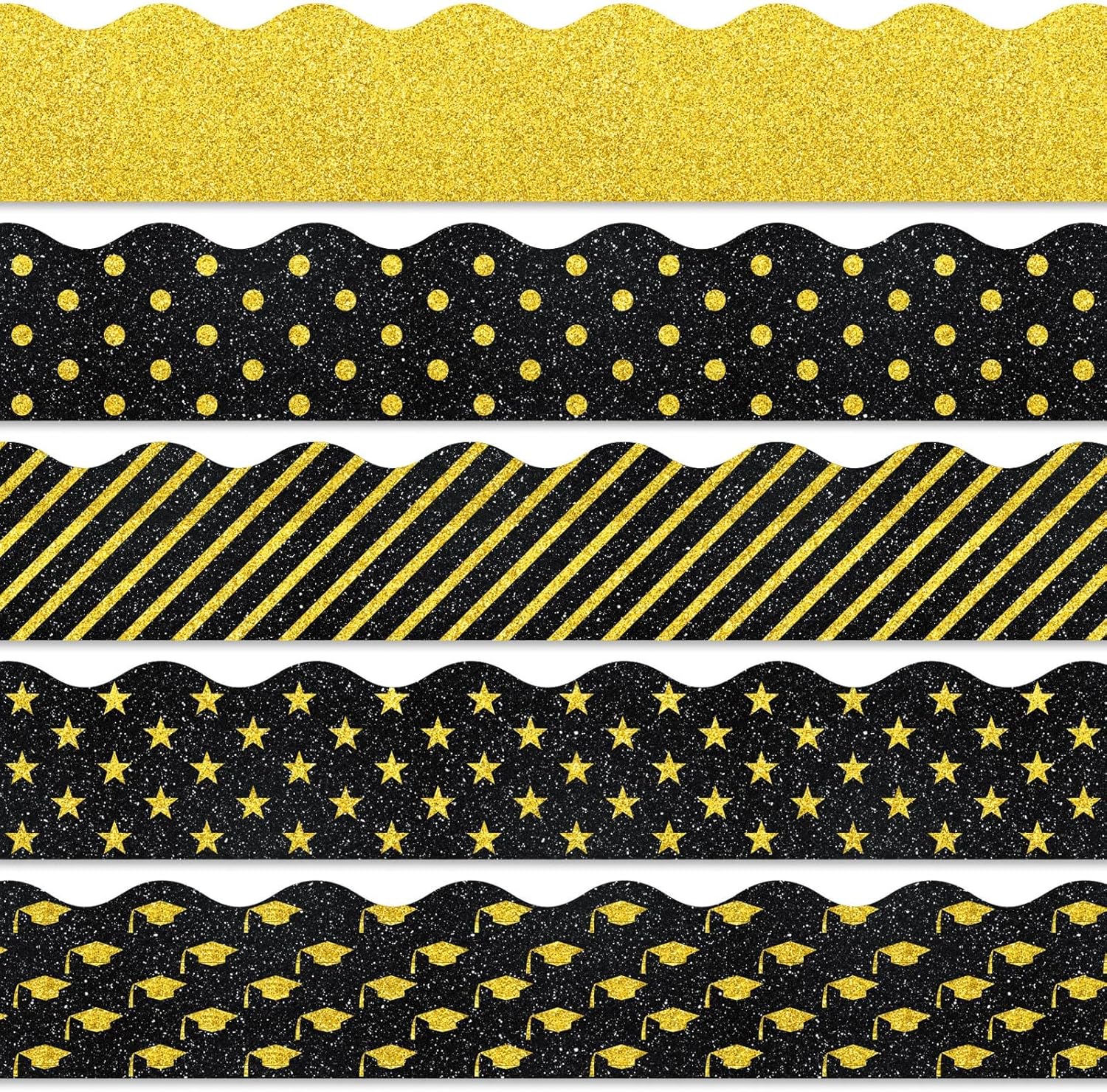 Whaline Graduation Bulletin Board Borders - Glitter Black & Gold Cap & Star Design | 69Ft Trim for Classroom & Party Decor