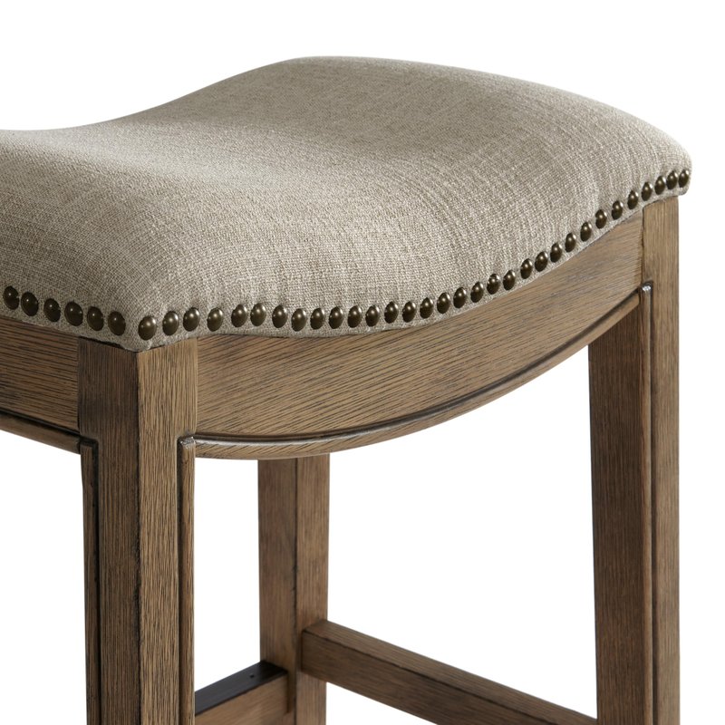 Williston Counter Height Stool – 26” Tall Backless Saddle Seat with Linen-Like Upholstery, Solid Rubberwood Frame in Natural Wire-Brush Finish, Metal Kick Plate & Footrest for Kitchen Island or Bar