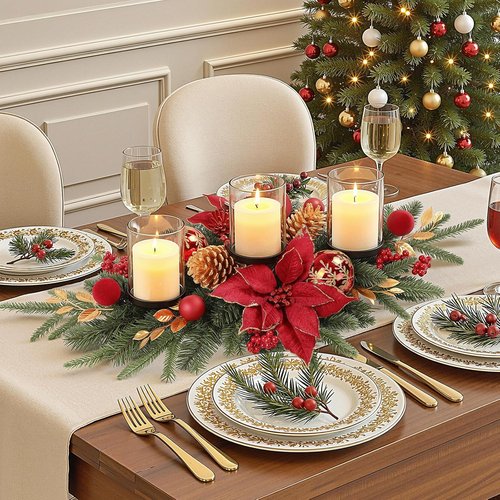Alupssuc 28" Christmas Centerpiece - Elegant Candle Holder Tray with Baubles & Pine Cones for Holiday Decor
