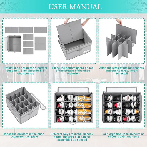 LUVHOMEE Shoe Organizer - Space-Saving Storage for 16 Pairs | Clear Foldable Bins with Reinforced Handles - Gray