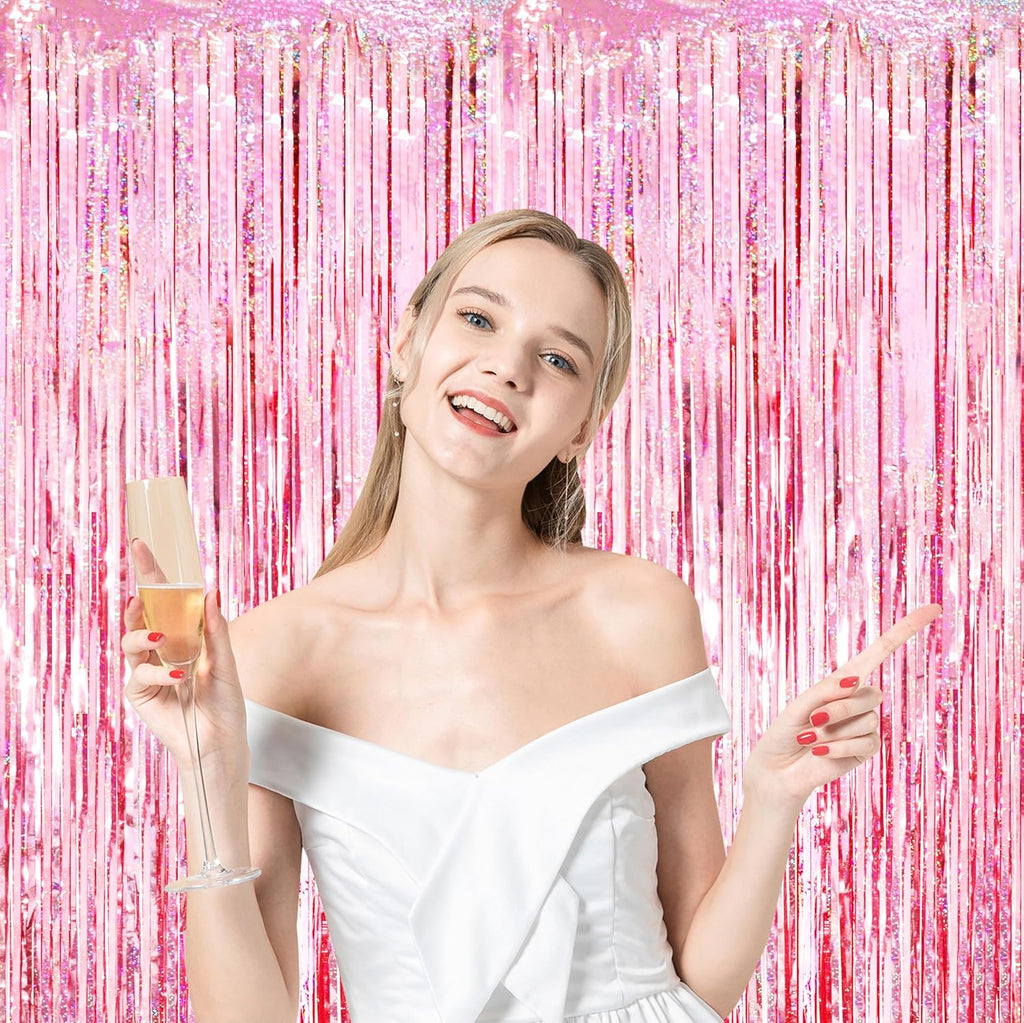 Voircoloria 3 Pack Laser Pink Foil Fringe Backdrop Curtains - Perfect for Birthday, Graduation & Baby Showers