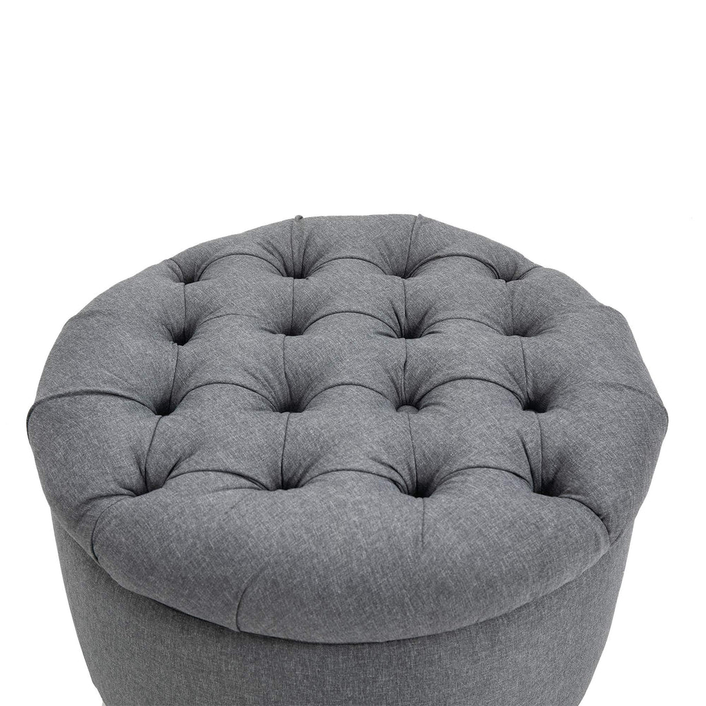 HOMCOM Round Linen-Touch Fabric Storage Footstool Ottoman Button Tufted Footrest with Removable Lid, Grey