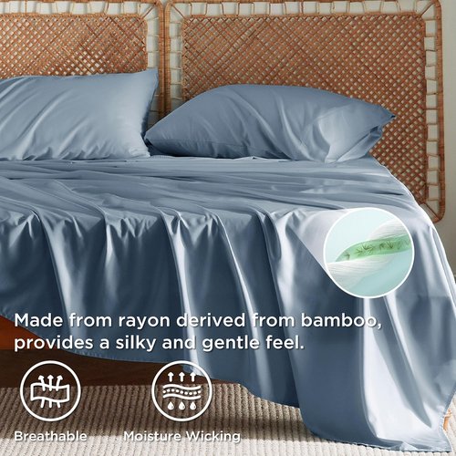 Bedsure Cooling Bed Sheets - Rayon from Bamboo, Breathable & Soft | Full Size, Deep Pocket, Dusty Blue
