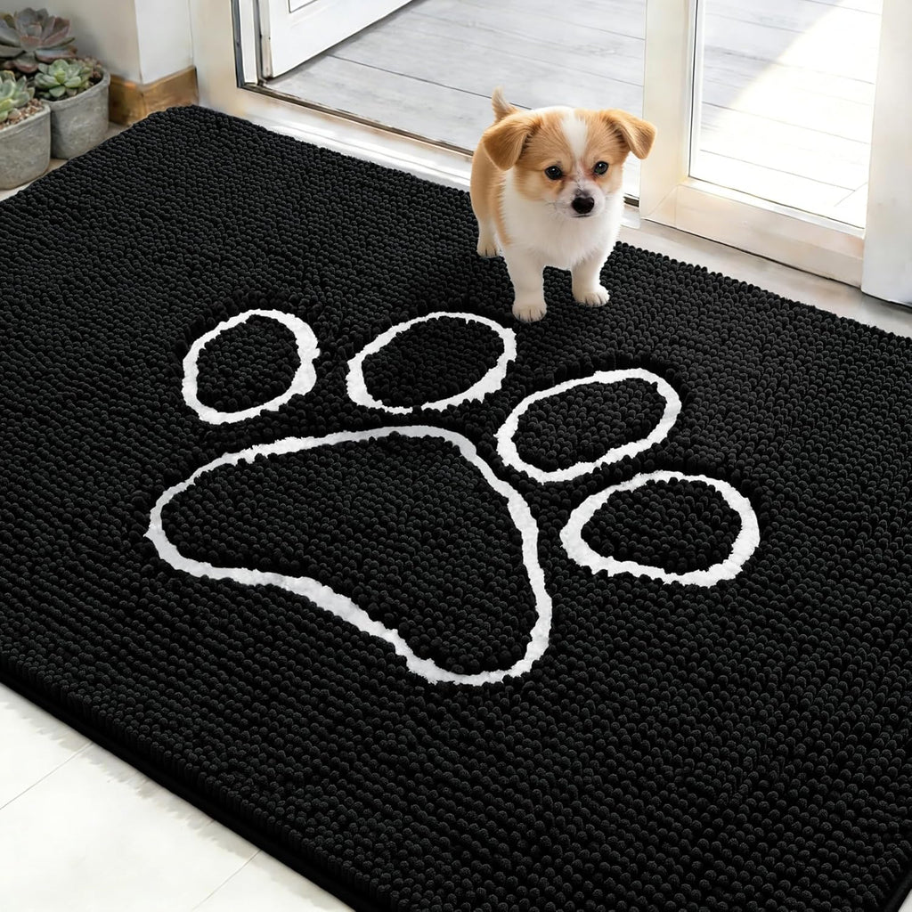OLANLY Dog Door Mat - Absorbent Non-Slip Mud Mat for Muddy Paws | 48x30, Quick Dry Chenille, Black