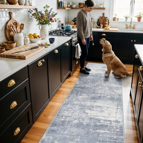 **Hallway 2x10 Washable Runner Rug - Abstract Design | Stain Resistant Non-Slip Area Rug in Blue/Ivory**