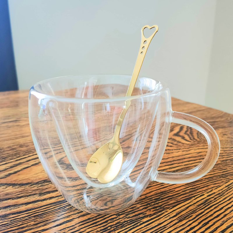 Heart Shaped Cup - Double Walled Insulated Glass Coffee Mug or Tea Cup - Double Wall Glass 10oz (300ml) - Clear - Unique & Insulated with Handle - With Teaspoon