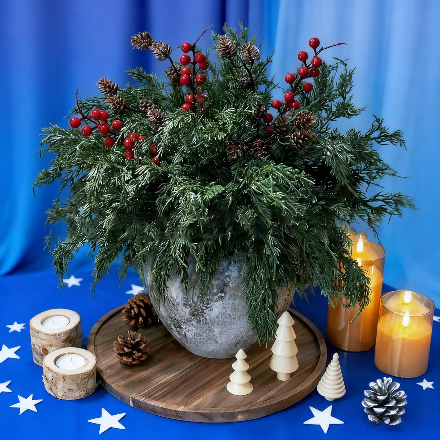 Skiennix Faux Cedar Stems - Realistic Norfolk Pine Branches for Christmas Decor | 12 Stems + Berries + Pinecones