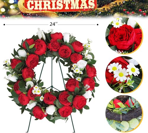 Memorial Day Cemetery Wreaths - Red Peony & White Rose Artificial Flower Arrangement on Metal Stand