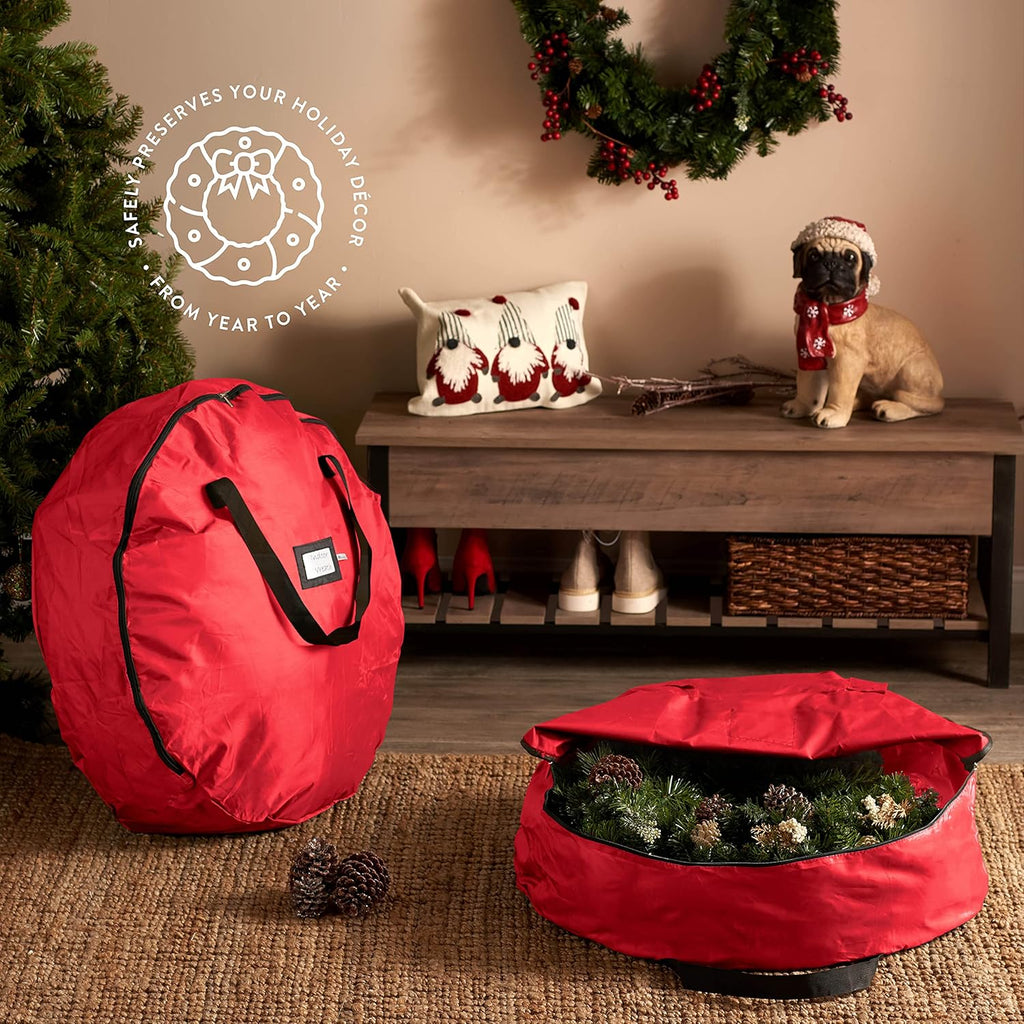ZOBER Oxford Christmas Wreath Storage Container - 24 Inch Waterproof Bag with Dual Zippers & Durable Handles - Red