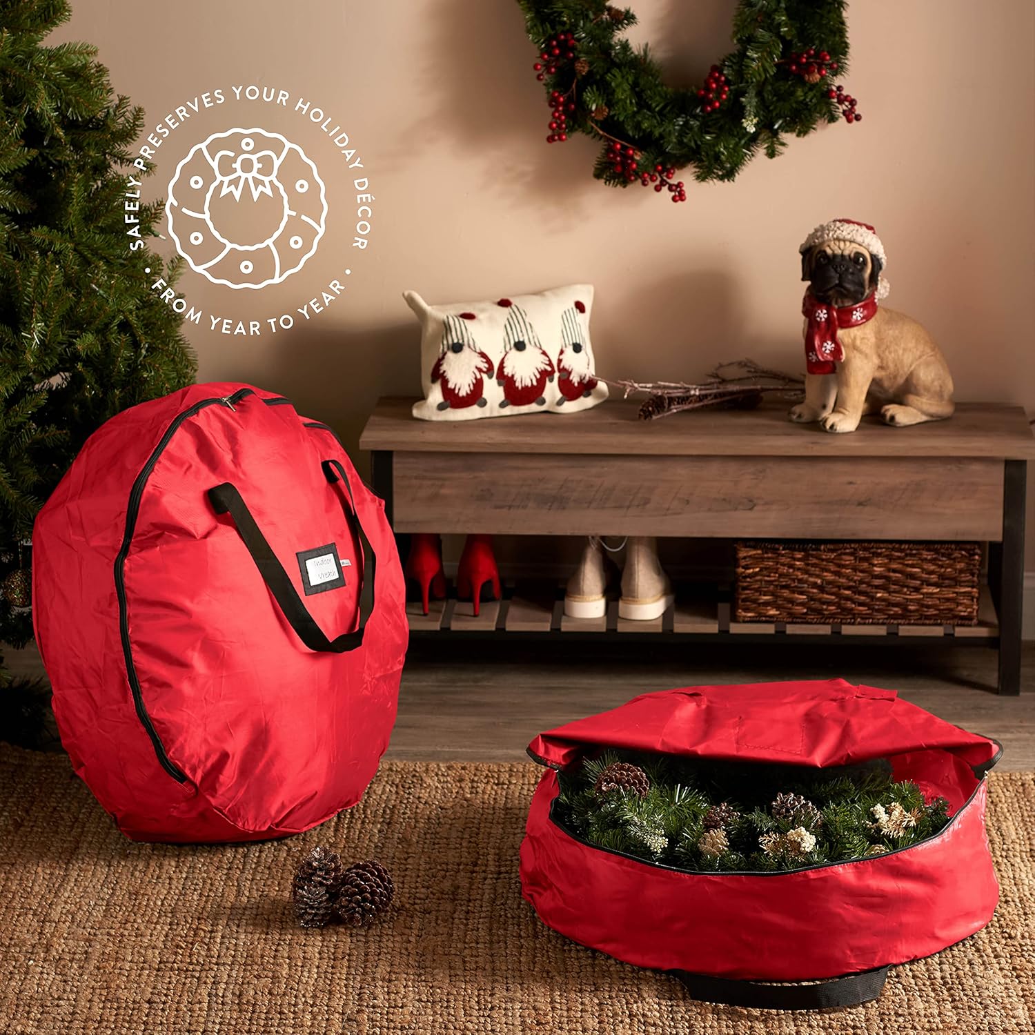 ZOBER Oxford Christmas Wreath Storage Container - 24 Inch Waterproof Bag with Dual Zippers & Durable Handles - Red