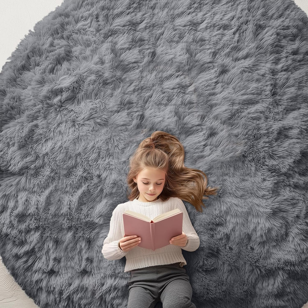 OLANLY Round Grey Area Rug - Soft, Fluffy, Machine Washable 8 ft Circle Carpet for Bedroom & Living Room