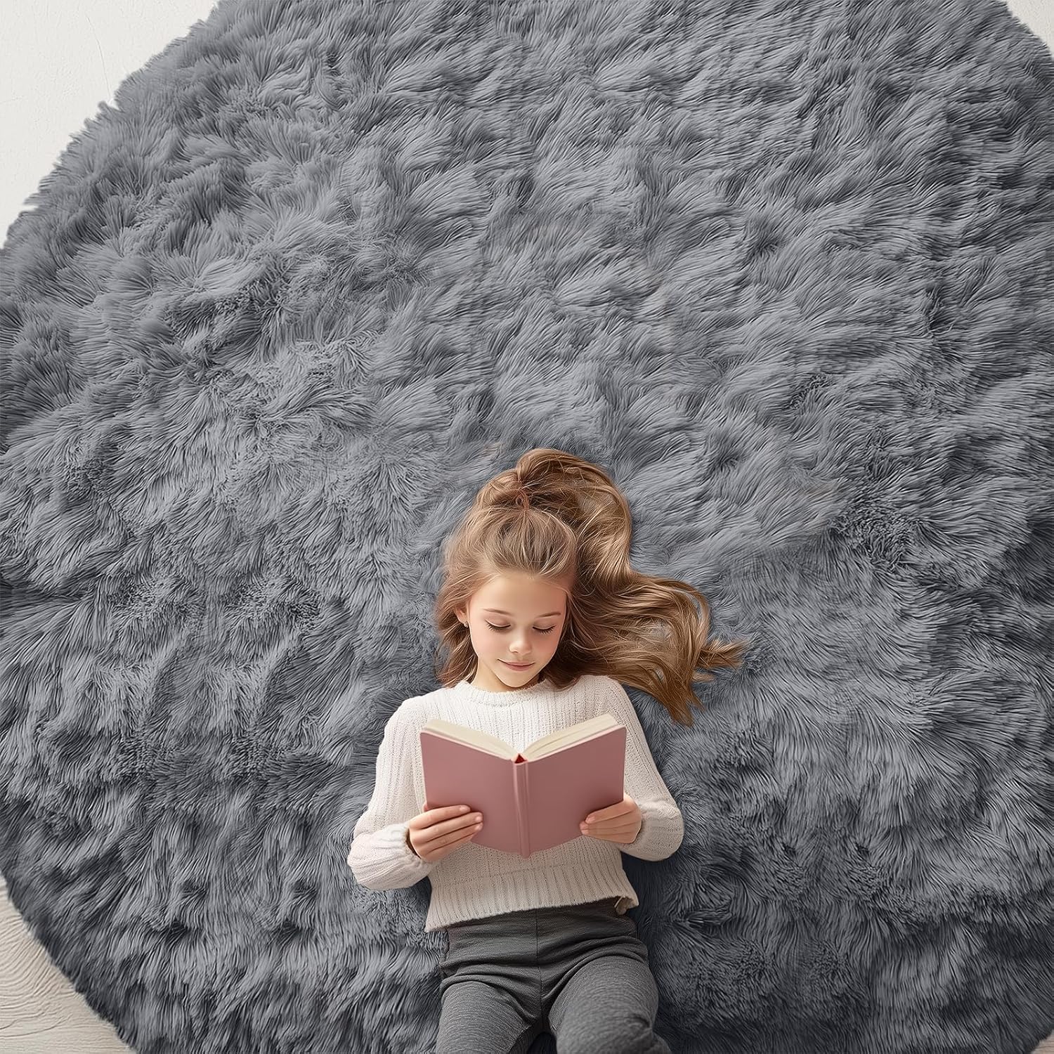 OLANLY Round Grey Area Rug - Soft, Fluffy, Machine Washable 8 ft Circle Carpet for Bedroom & Living Room