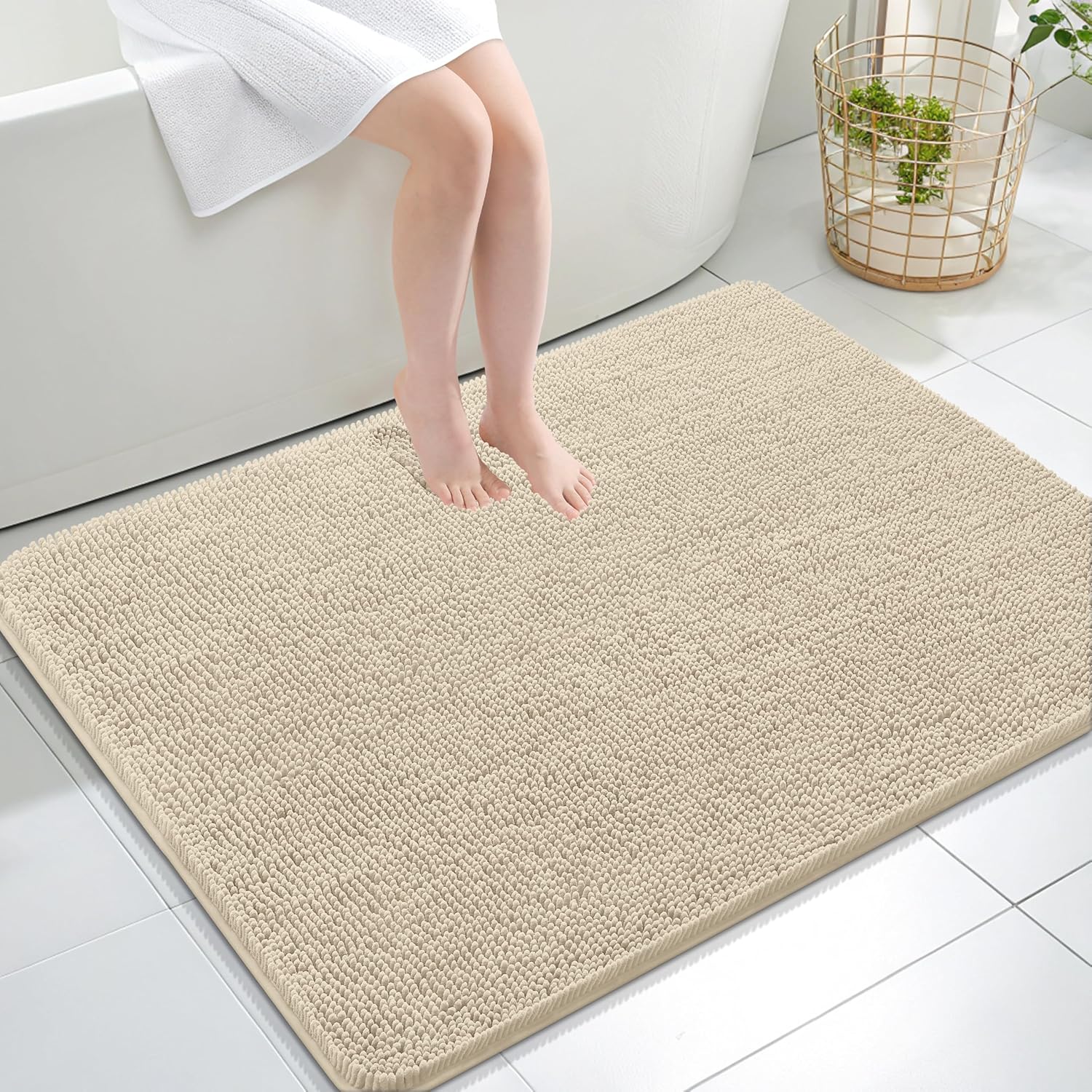 OLANLY Large Bath Rugs - Extra Soft Chenille with Rubber Backing | Quick Dry, Machine Washable, 40x32, Sand