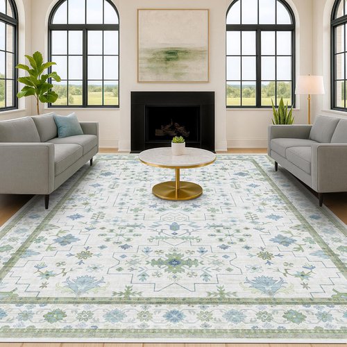 Hazo Haus Washable Rugs - Extra Large 10x12 Cream Blue & Green Floral Geometric Area Rug | Non-Slip Low Pile for Living Room & Dining Room