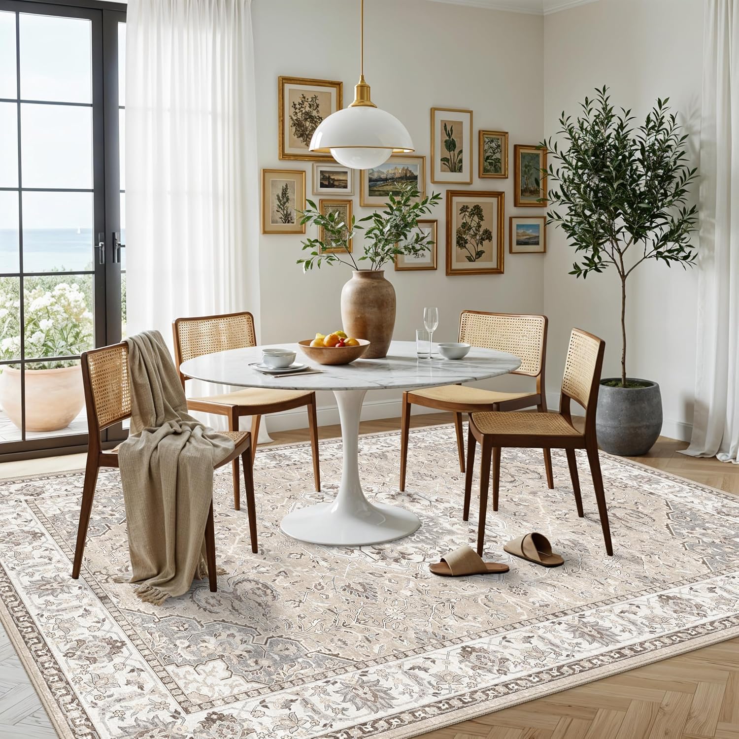 Skiennix 7x10 Area Rug - Washable Vintage Design for Living Room, Bedroom, Office | Durable Non-Slip Beige Carpet