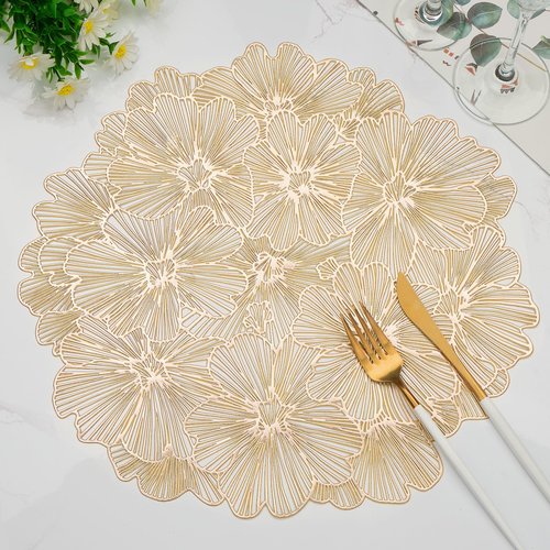 Placemats Set of 6, Gold Place Mats Hollow Out Pressed Flowers Vinyl Round Table Mats Washable for Dining Table Christmas Holiday Decorations