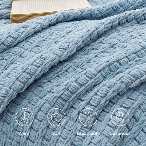 Bedsure Blue Throw Blanket - Super Soft Textured Chunky Knit Chenille | Warm Decorative Boho Design, 50x60 Inches