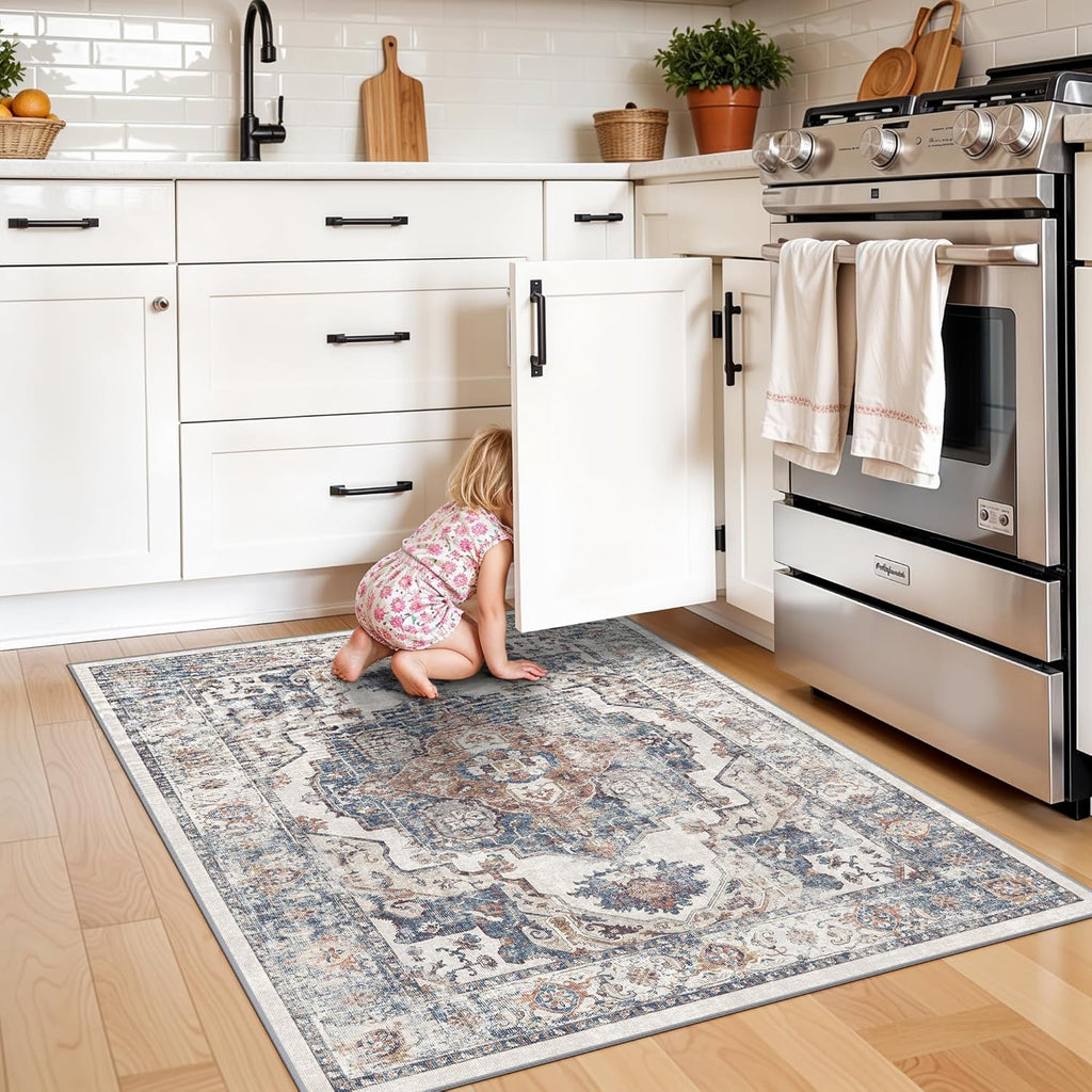 Skiennix Washable 3x4 Entryway Area Rug - Non-Slip, Water-Resistant Carpet for Kitchen & Bathroom (Brick)