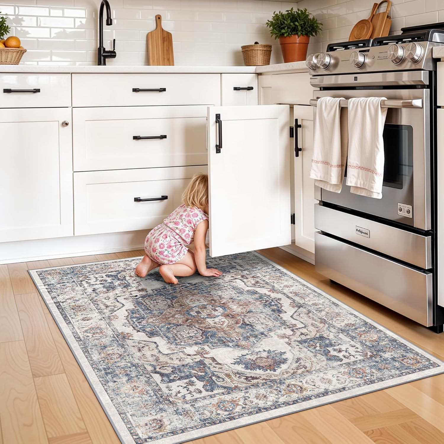 Skiennix Washable 3x4 Entryway Area Rug - Non-Slip, Water-Resistant Carpet for Kitchen & Bathroom (Brick)
