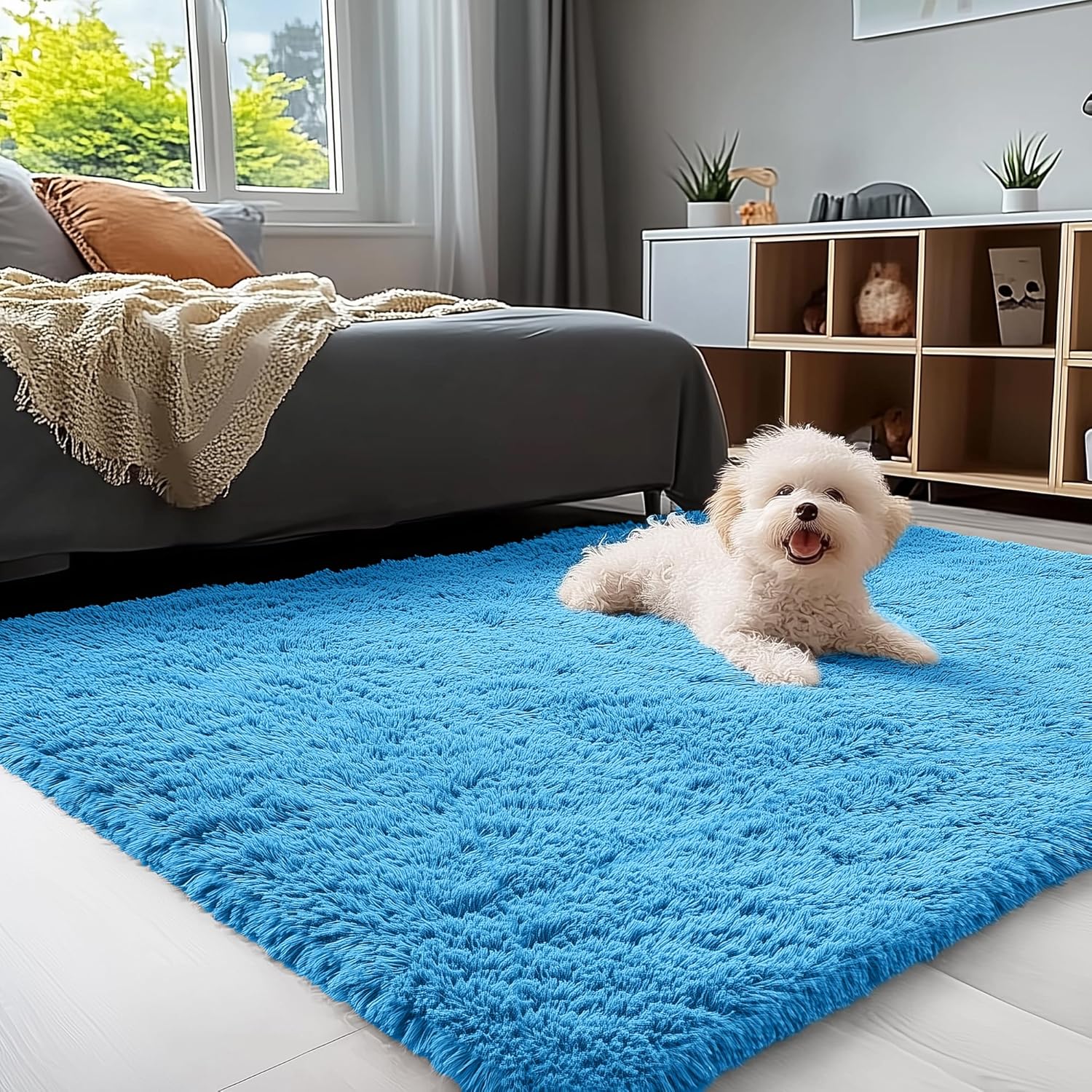 OLANLY 3x5 Soft Fluffy Shaggy Bedside Rug - Machine Washable Indoor Carpet for Kids & Nursery | Bright Blue Decor