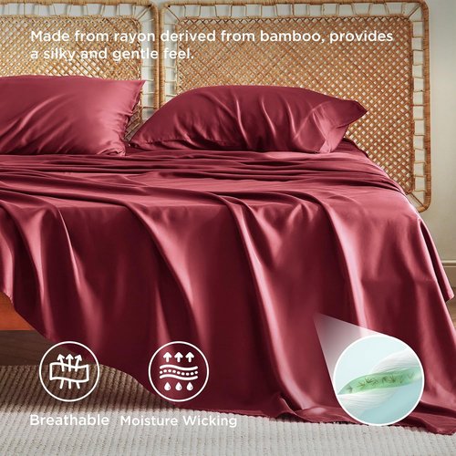 Bedsure King Size Sheets Set - Cooling Bamboo Rayon Sheets for Hot Sleepers | Soft & Breathable, Burgundy